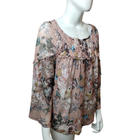 Anthropologie AKEMI+KIN Women's size M Floral Smocked Ruffle Bell Lacey Top - Picture 1 of 10